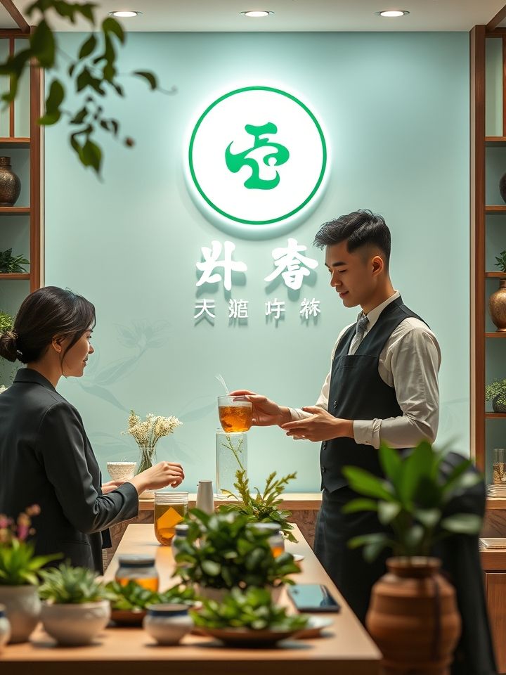 展现品牌调性与消费场景，明亮整洁的龙的良方茶门店实景图，店员正为顾客递送招牌产品，背景突出品牌LOGO与“草本鲜茶”标语