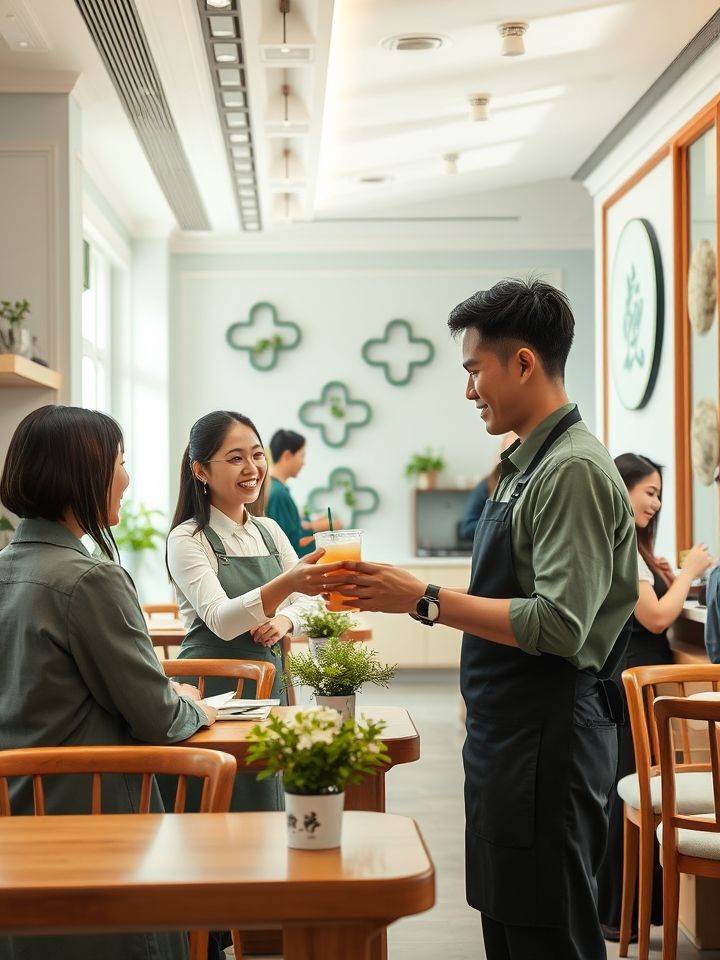 明亮整洁的龙的良方奶茶门店实景，店员为顾客递招牌饮品