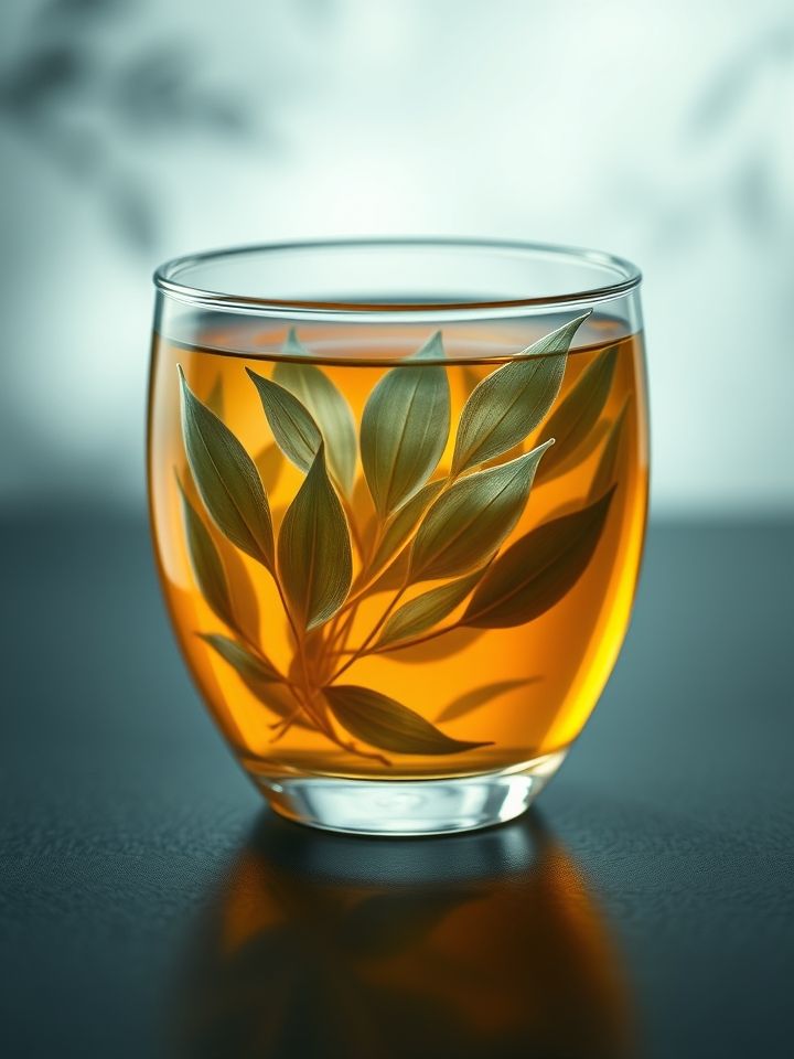 玻璃杯中的龙毫茶动态舒展过程，银毫在琥珀色茶汤中游弋