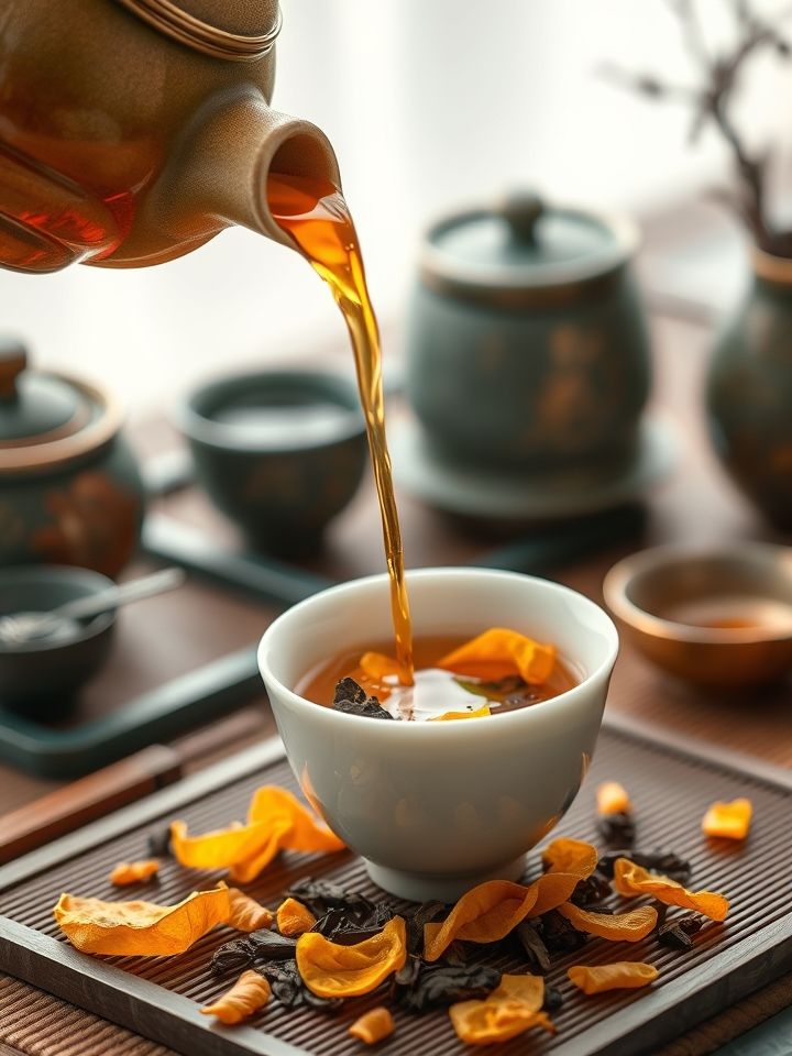 普洱茶加陈皮泡茶的好处相关的**插图1**: 一壶琥珀色的茶汤缓缓倾入白瓷杯，杯底沉着普洱茶叶与金黄陈皮片，背景点缀中式茶具与自