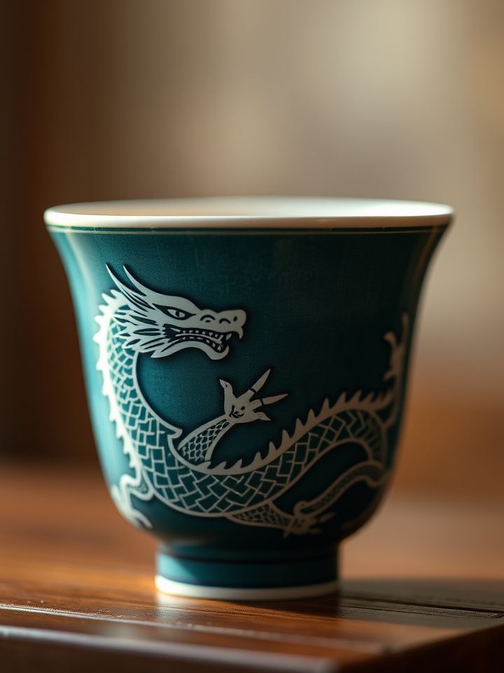 聚焦杯身龙纹设计与分层明显茶汤质地的产品特写图