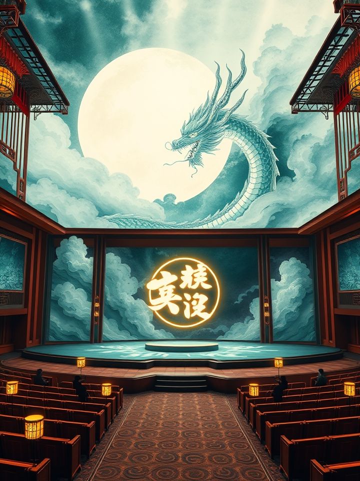 龙的良方奶茶茶饮加盟相关的(**插图1**: 大会主舞台全景，背景为巨龙腾云水墨画与“龙的良方式茶”发光字立体LOGO)