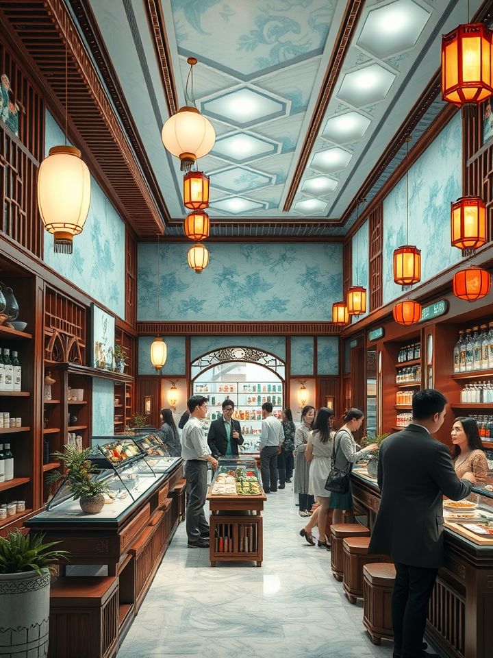 展示明亮门店实景，古风装潢搭配现代吧台，有顾客排队购买场景