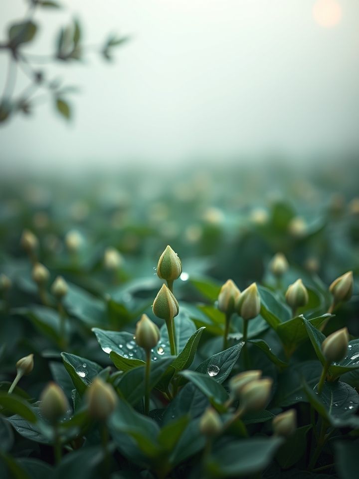 清晨薄雾中的生态茶园，露珠点缀嫩芽特写
