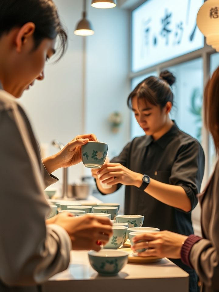 展示加盟店主在明亮简约店铺内为顾客制作饮品，突出品牌特色青瓷杯与LED菜单屏的图片