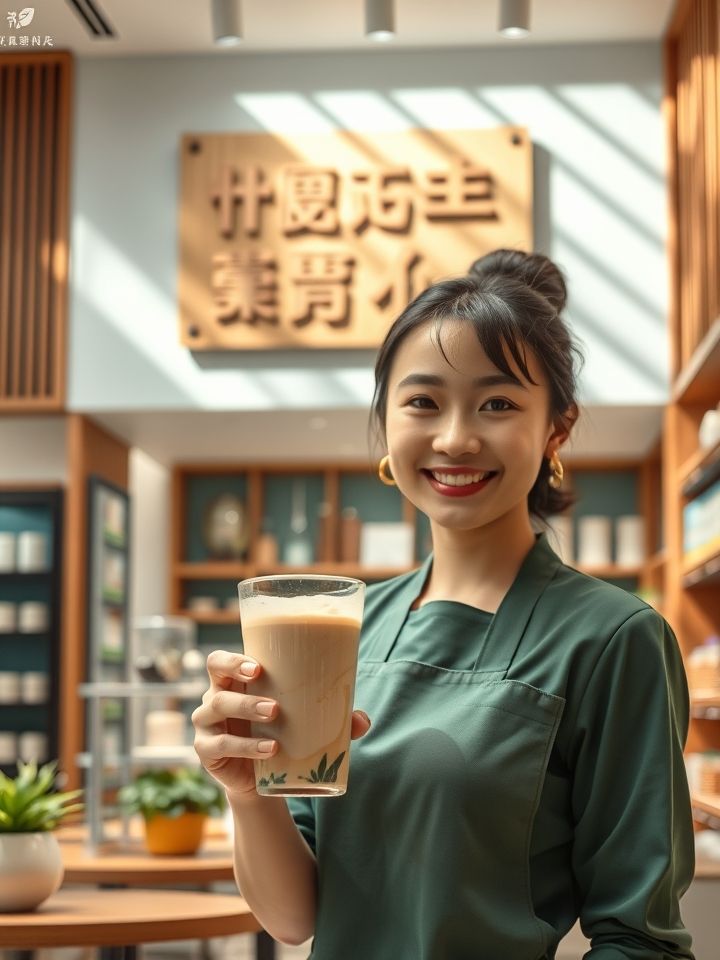 明亮门店实景图，店员微笑递出招牌奶茶，背景为“龙的良方式茶”木质招牌，突出品牌质感
