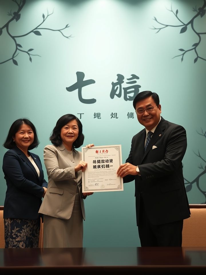 加盟商签约仪式照片，双方握手并展示“龙的良方式茶 战略合作伙伴”授权书