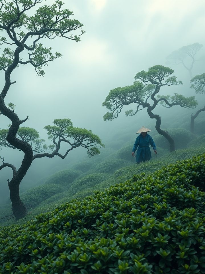 需呈现云雾缭绕的古茶树园，展示茶农采摘鲜叶的场景