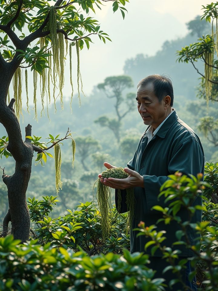 创始人龙华在武夷山茶区考察古茶树，手持新鲜茶叶与茶农交流；插图2