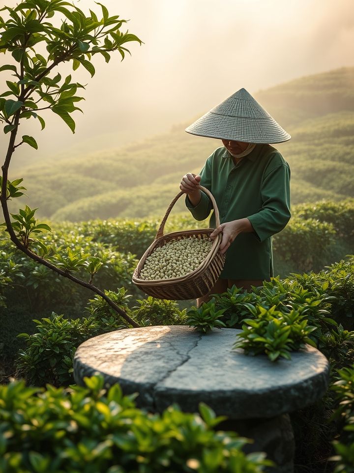 云雾缭绕生态茶园，茶农手工采摘鲜嫩芽叶，有传统竹制茶篓与青石茶台，搭配自然光与绿意盎然场景