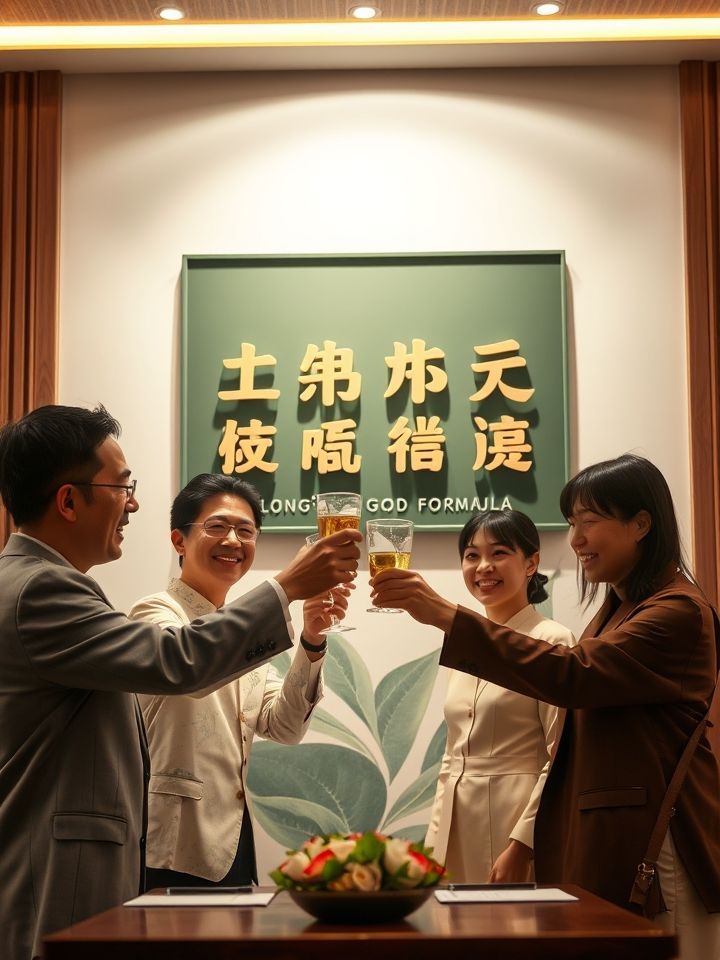 品牌总部签约仪式现场，创业者与团队举杯合影，背景为“龙的良方茶饮”加盟授权牌匾