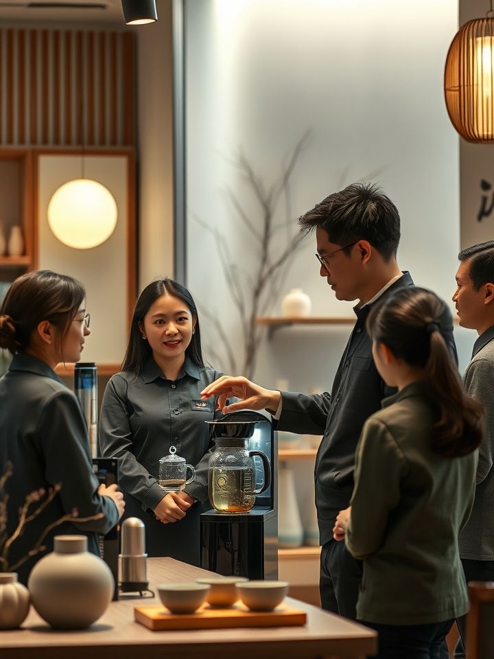 总部培训师现场指导店员操作智能制茶设备