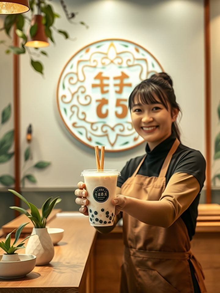 明亮现代的奶茶店实景图，店员微笑递招牌龙井鲜奶茶，背景有龙的良方式茶品牌标识，配文一杯好茶，一份事业