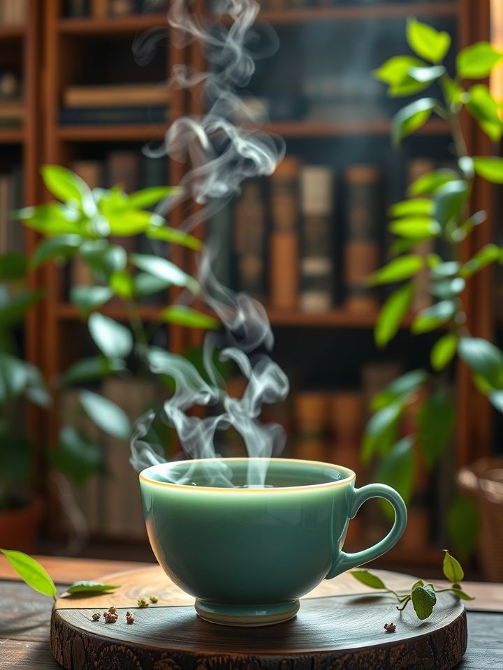 青瓷茶碗中热气升腾的草本茶饮，背景是古朴书架与绿植，传递宁静养生氛围