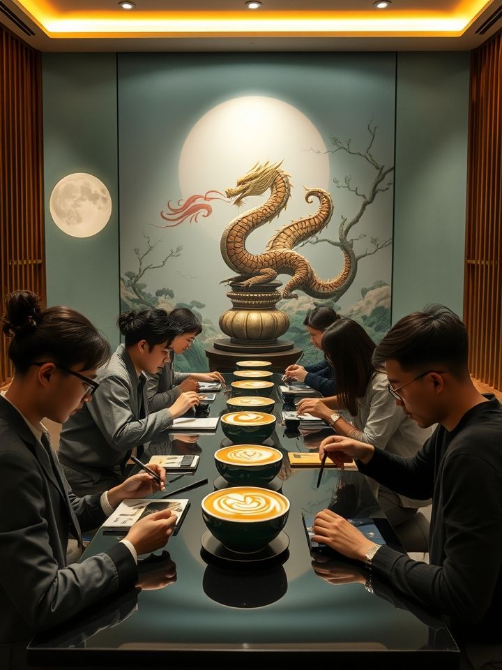 加盟商在总部培训室学拉花技艺，背景墙有龙形图腾与茶文化发展史展示