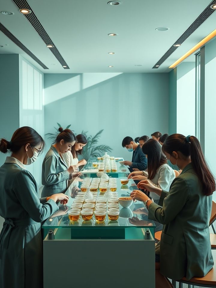 培训现场，加盟商在透明操作台学习拉茶技艺