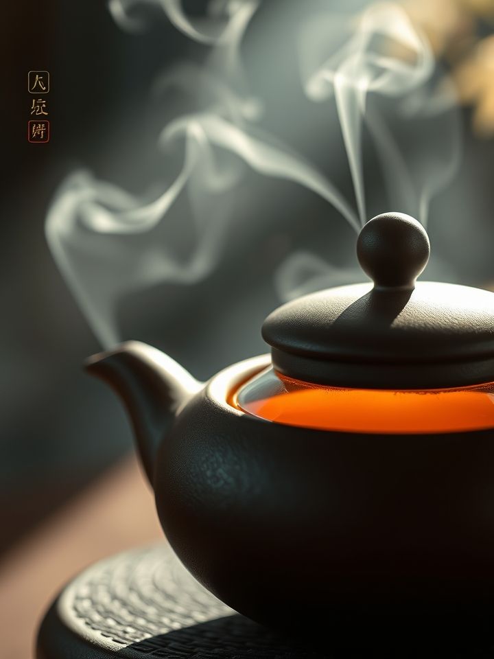 特写熬煮中的紫砂壶与氤氲茶汤，配文“古法熬煮工艺，成就琥珀色茶汤”