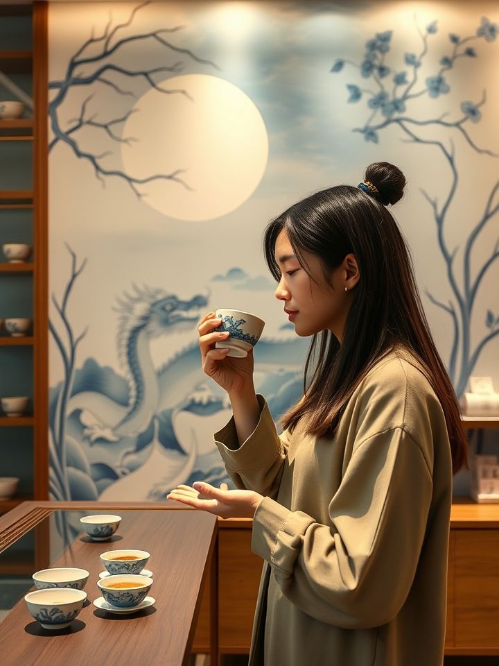 古今交融，品味新生，现代极简风格门店中顾客手持龙纹杯套饮品、背景墙展示本草纲目元素手绘茶方的场景