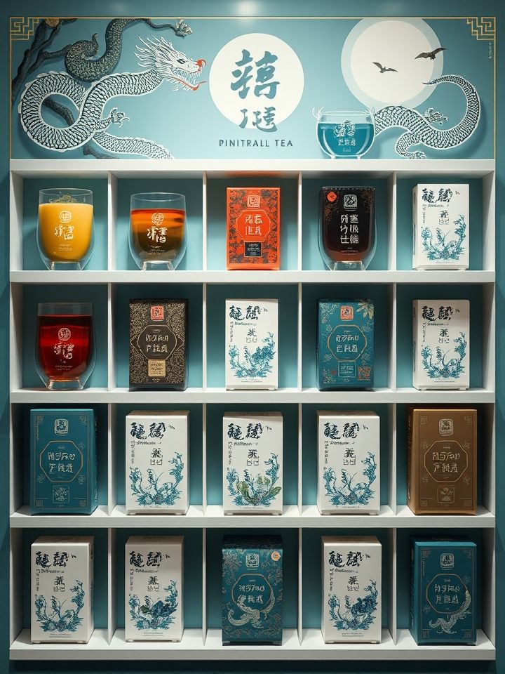 龙的良方式茶九宫格产品展示，含招牌饮品、季节限定款及轻食搭配，凸显产品多样与高颜值包装