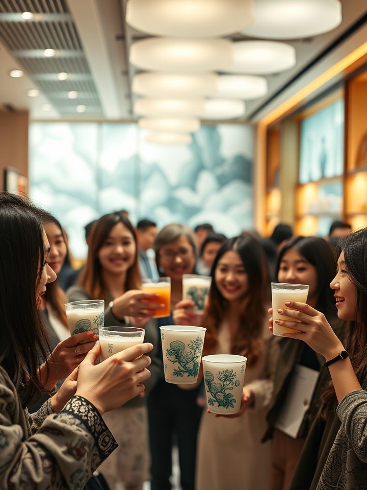展示明亮门店中顾客手持品牌爆款饮品，背景呈现“500家限定纪念杯”画面，突出产品质感与消费热度。