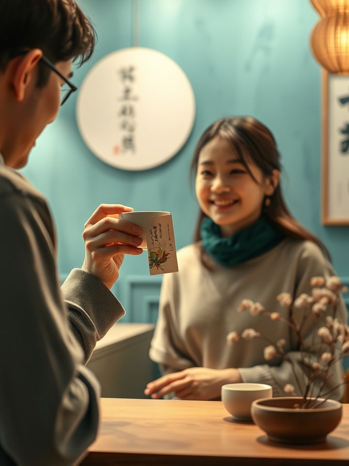 顾客笑着举起节气茶笺与茶饮碰杯的温馨场景