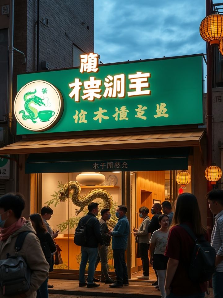 展示甘肃某商业街“龙的良方式茶”门店实景，画面包含明亮店招、排队人群、特色杯装产品特写