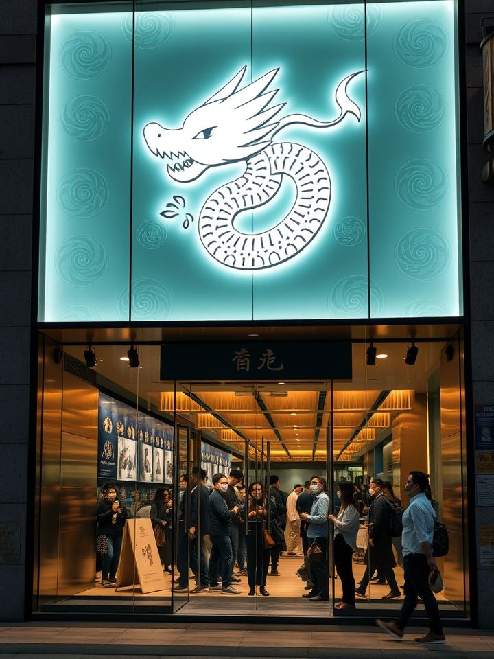 龙形LOGO灯箱与藏式纹样结合的现代门店外观，玻璃幕墙映出排队场景，横向构图，包含门头与客流动线