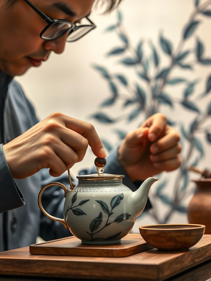 展示品牌创始人手持定制茶壶冲泡招牌龙井鲜奶茶特写及水墨风茶叶墙绘的图片，体现传统与现代交融感