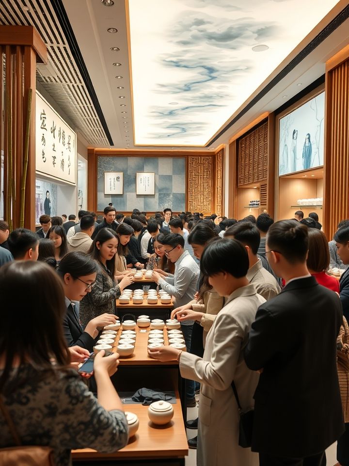 德阳旗舰店开业庆典现场，顾客排长队购茶，店员递招牌产品