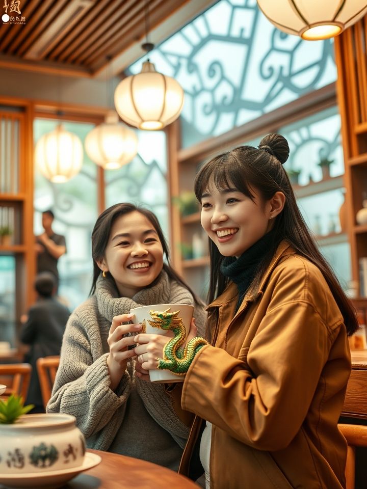 龙的良方式茶标准门店形象，明亮空间搭配木质元素，顾客手持龙形杯套饮品微笑互动，传递年轻化健康茶饮理念