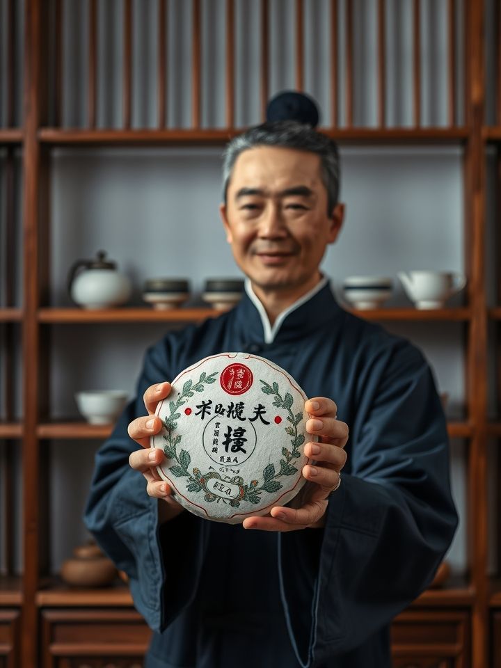 茶艺师手持“龙的良方式茶”定制茶饼，背景为传统木质茶架，展现品牌对工艺的坚守。