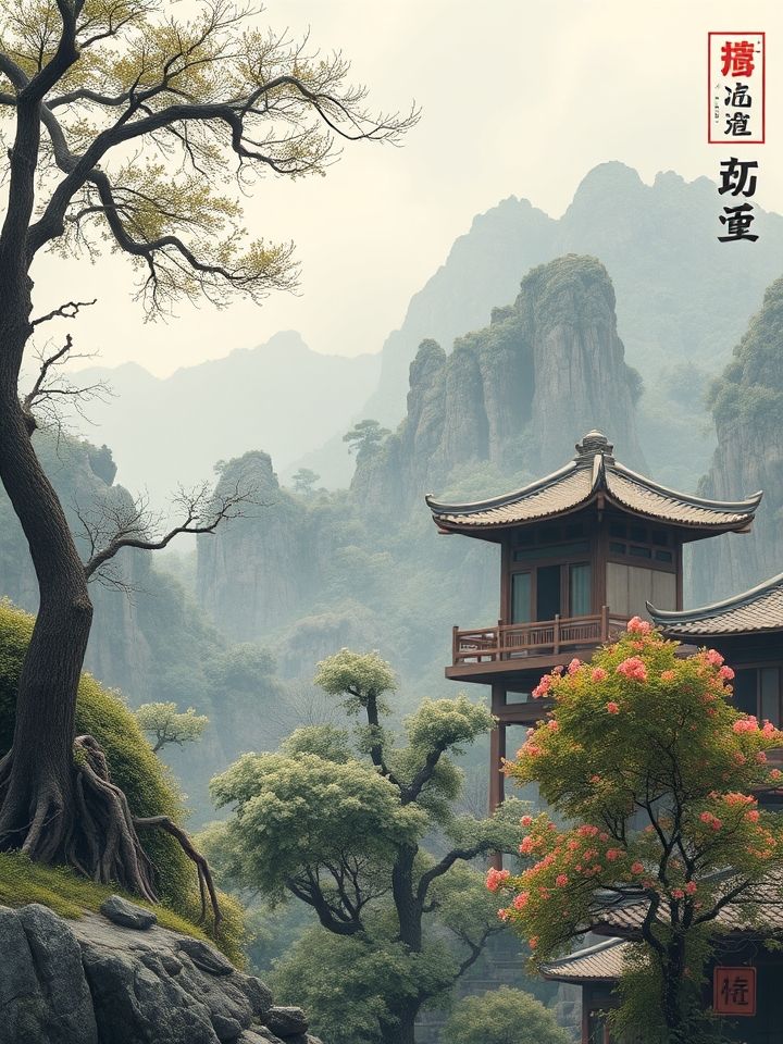 茶艺师手工炒制茶叶的特写镜头，蒸腾茶香可视化呈现，木制茶盘中茶叶翻飞，背景虚化为云雾山景
