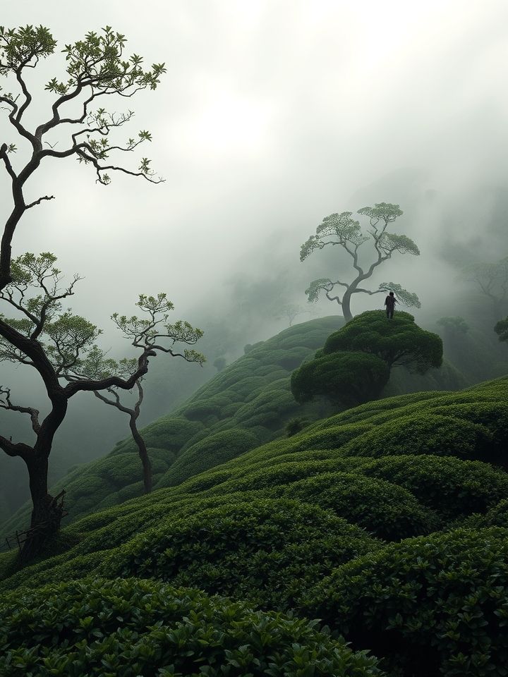 云雾缭绕的古茶山全景，突出粗壮的古茶树与采茶人身影