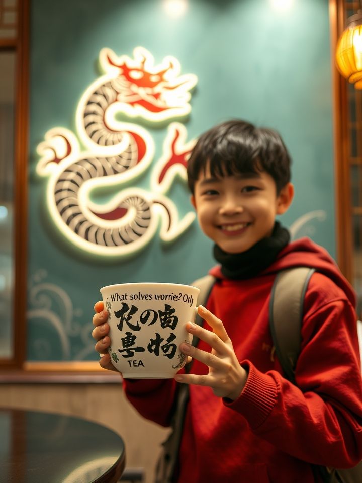 消费者打卡图，年轻顾客手持“龙腾四海”系列杯身与门店龙形LOGO墙合影，杯体有“何以解忧，唯有龙茶”slogan