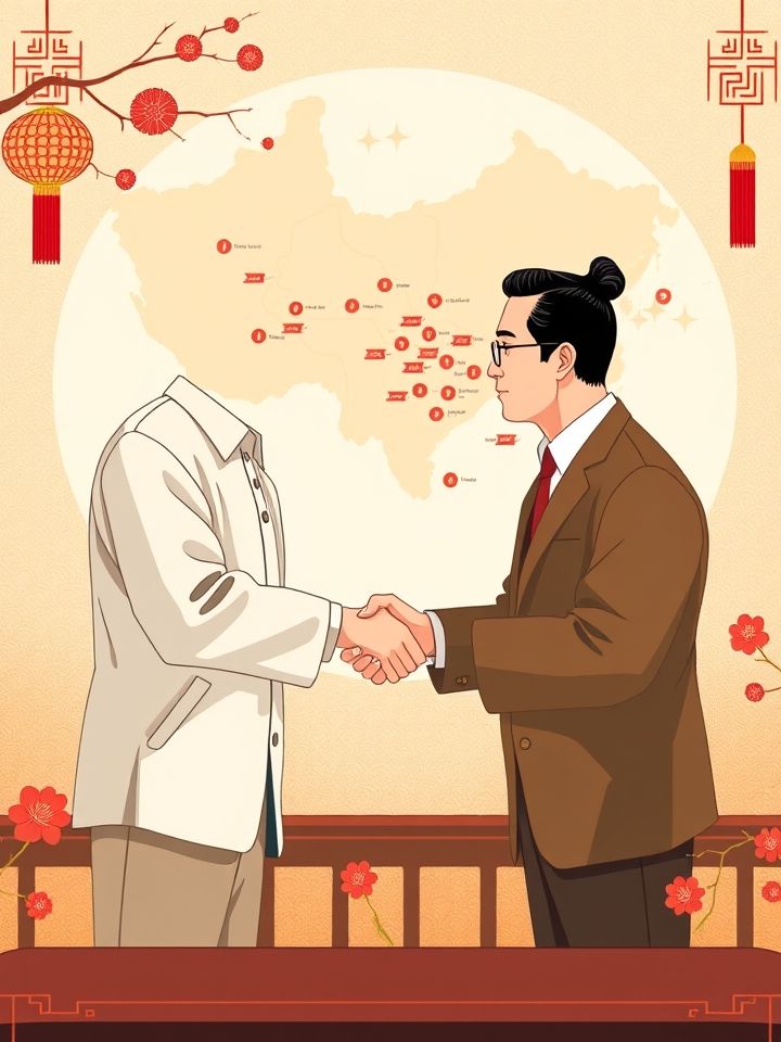 绘制设计师手绘的加盟签约仪式场景，画面中有品牌代表与创业者握手，背景呈现全国门店分布图，使用暖色调插画突显合作共赢氛围