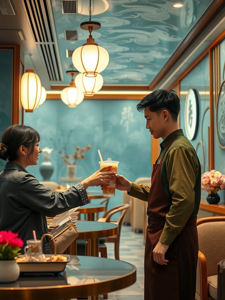 加盟龙的良方奶茶多少钱相关的**插图1**：明亮整洁的“龙的良方式茶”标准门店实景图，店员正为顾客递送印有龙纹图腾的饮品杯，背景