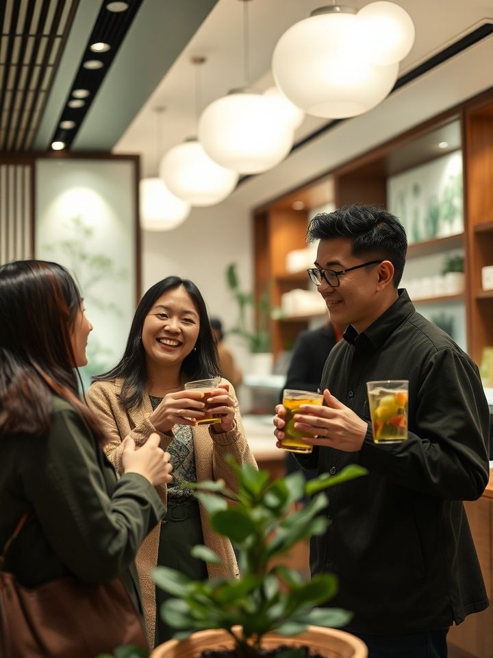展示品牌旗舰店实景，现代中式风格门店，顾客手持特色茶饮微笑互动