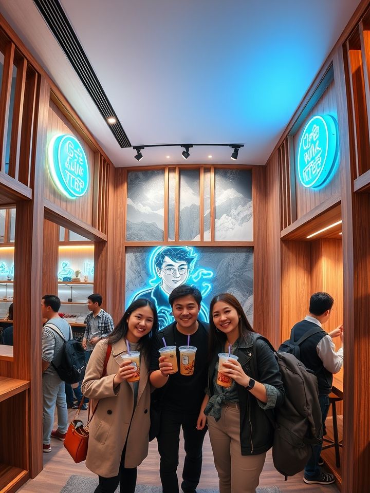 门店全景，木质屏风与霓虹灯结合，顾客手捧奶茶在特色打卡墙前合影