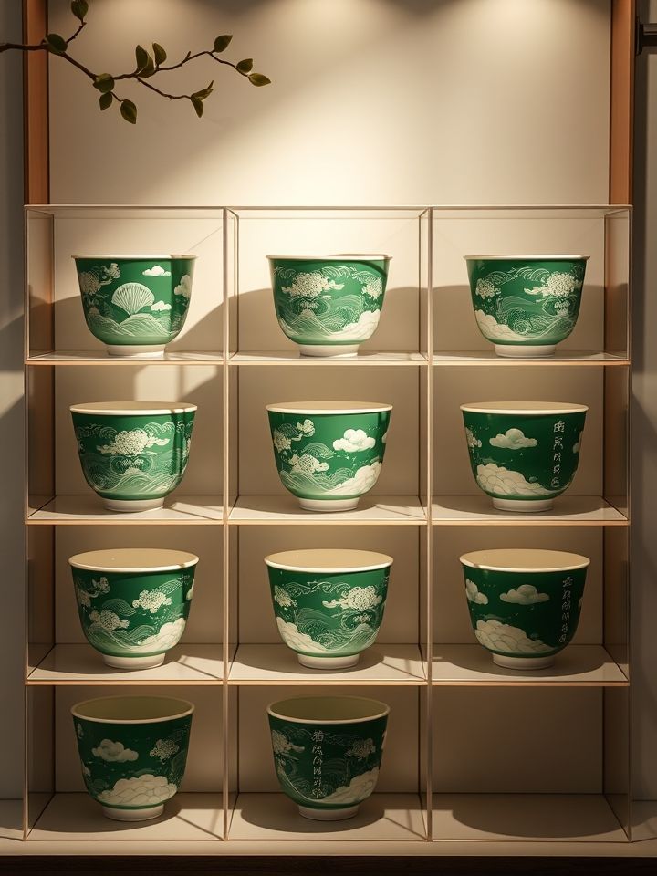 呈现九宫格产品陈列，突出新品“雪顶乌龙蟠龙盏”“桂魄龙眼冰”及经典爆款，杯身融入祥云纹样与书法元素