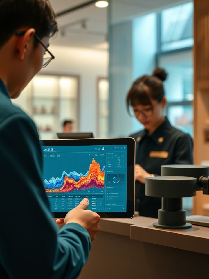数字化门店管理后台界面与店员培训场景，平板电脑显示实时销量热力图，搭配店员操作设备特写
