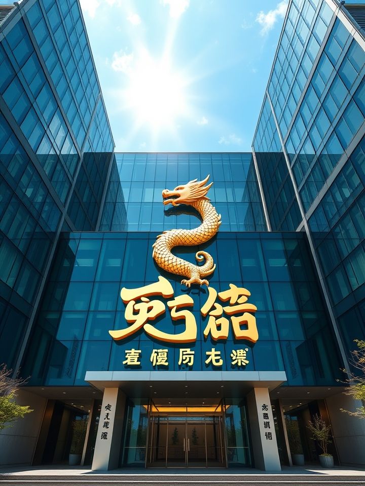 现代化总部大楼外景，玻璃幕墙映衬蓝天，入口处金色龙纹LOGO与龙的良方式茶立体字交相辉映