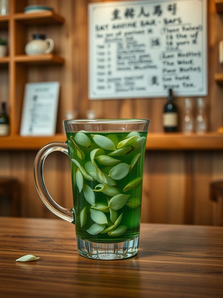 玻璃杯中透出翡翠色茶汤，茉莉花瓣悬浮其间，背景为原木色吧台与手写配方笔记