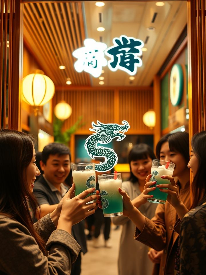 展示焕然一新的门店实景，有原木色与鎏金元素交织，体现东方美学与现代时尚融合，背景有顾客手持印有龙纹LOGO的饮品打卡