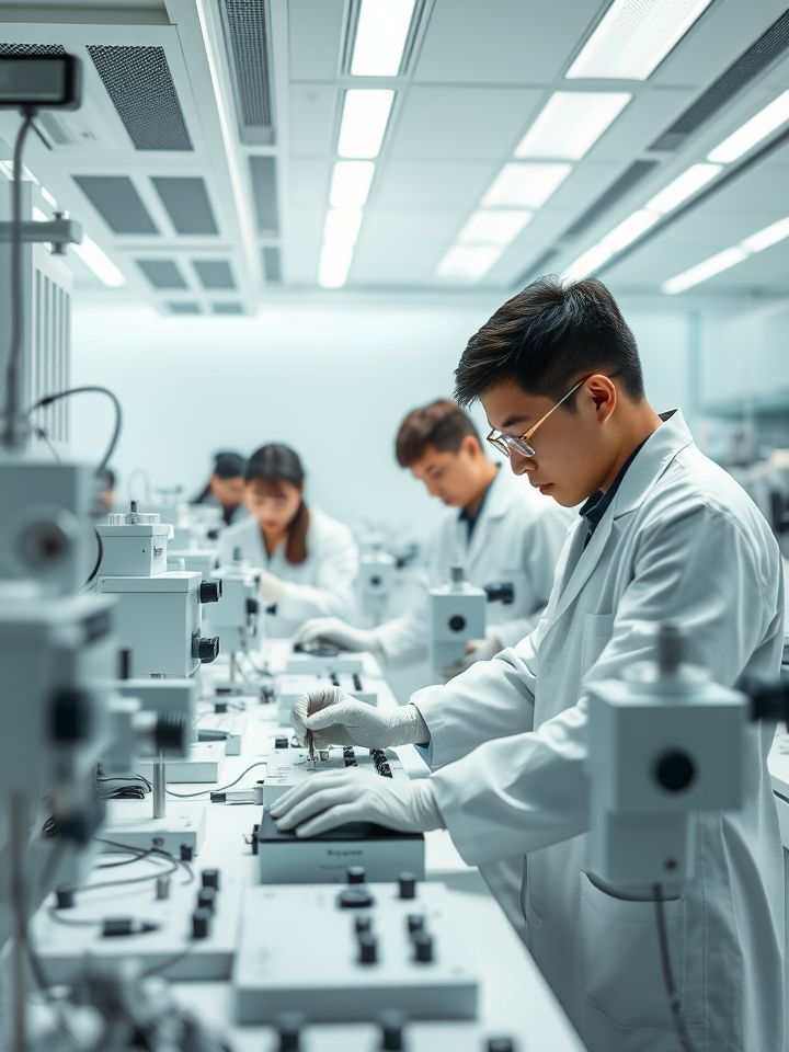 研发团队身着白色工服在实验室操作精密仪器