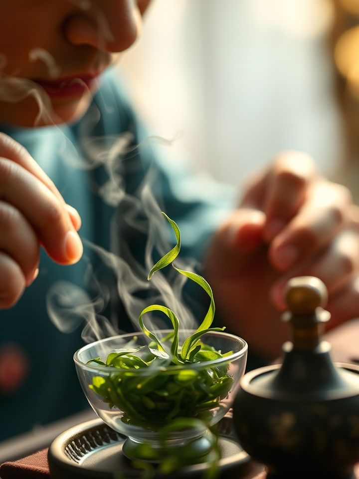 茶饮师现场冲泡茶叶特写，蒸汽袅绕中茶叶舒展过程
