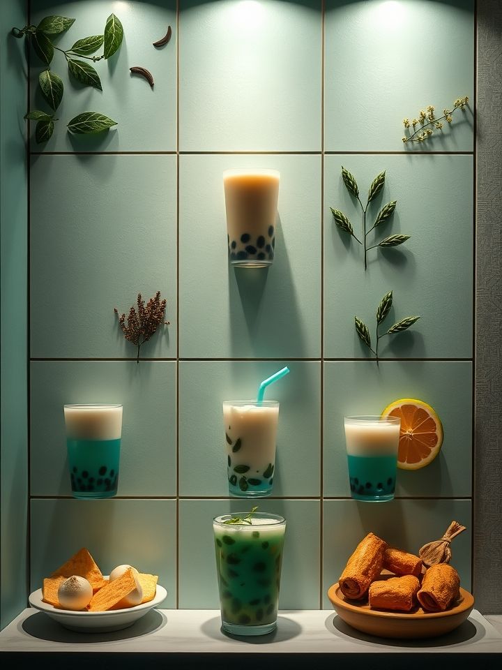 九宫格展示招牌奶茶、地域限定款及创意小食