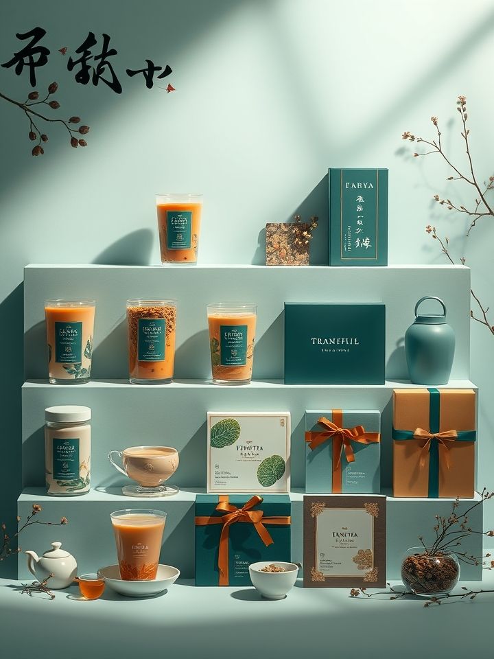 呈现九宫格产品陈列图，包含招牌奶茶、果茶、养生茶及文创周边礼盒，突出产品多样性及品牌延伸价值