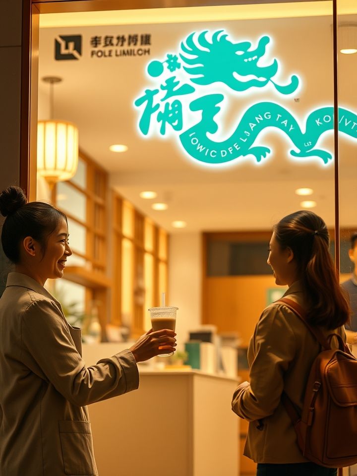 德阳龙的良方奶茶加盟费是多少相关的**插图1**：明亮整洁的“龙的良方式茶”门店形象图，店员正向顾客递送饮品，背景可见品牌标志性龙形L