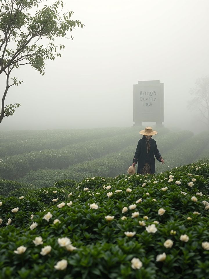 晨雾笼罩生态茶园，传统服饰采茶人采摘带露水合欢花，远处有“龙的良方式茶”石刻标识