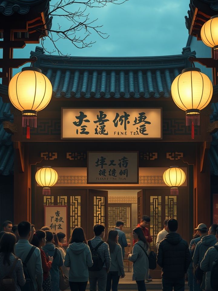 古风门店外景，屋檐悬挂“龙的良方式茶”灯笼，顾客排队场景